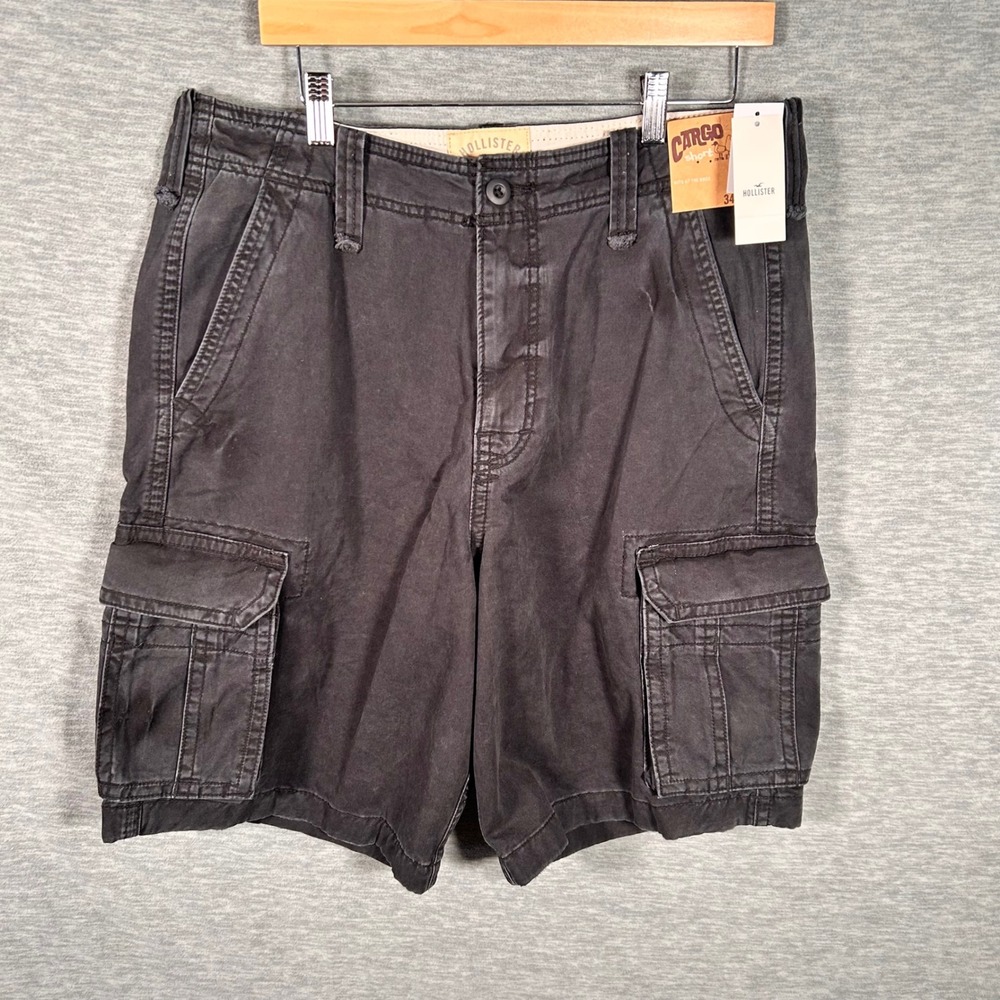 Hollister Cargo Shorts Mens 34 Black 100% Cotton Knee Length 10" Utility NEW NWT